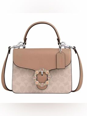 Coach Courtney Top Handle Signature Canvas Bag Satchel with Crystal Buckle